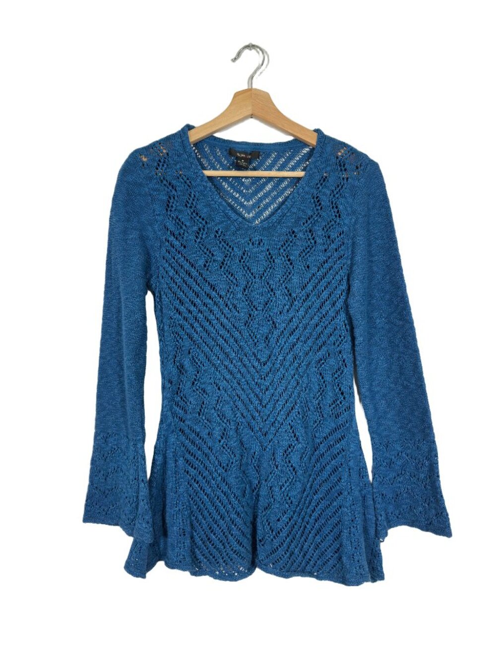 Style & Co. Women's Pointelle Sweater Bell Sleeve Medium Blue Boho Casual Knit